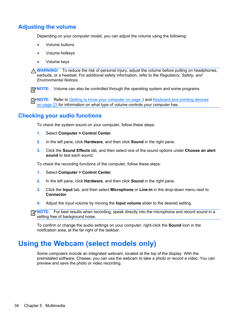 Adjusting the volume, Checking your audio functions, Using the webcam (select models only) | Adjusting the volume checking your audio functions | HP ProBook 4435s Notebook-PC User Manual | Page 44 / 108