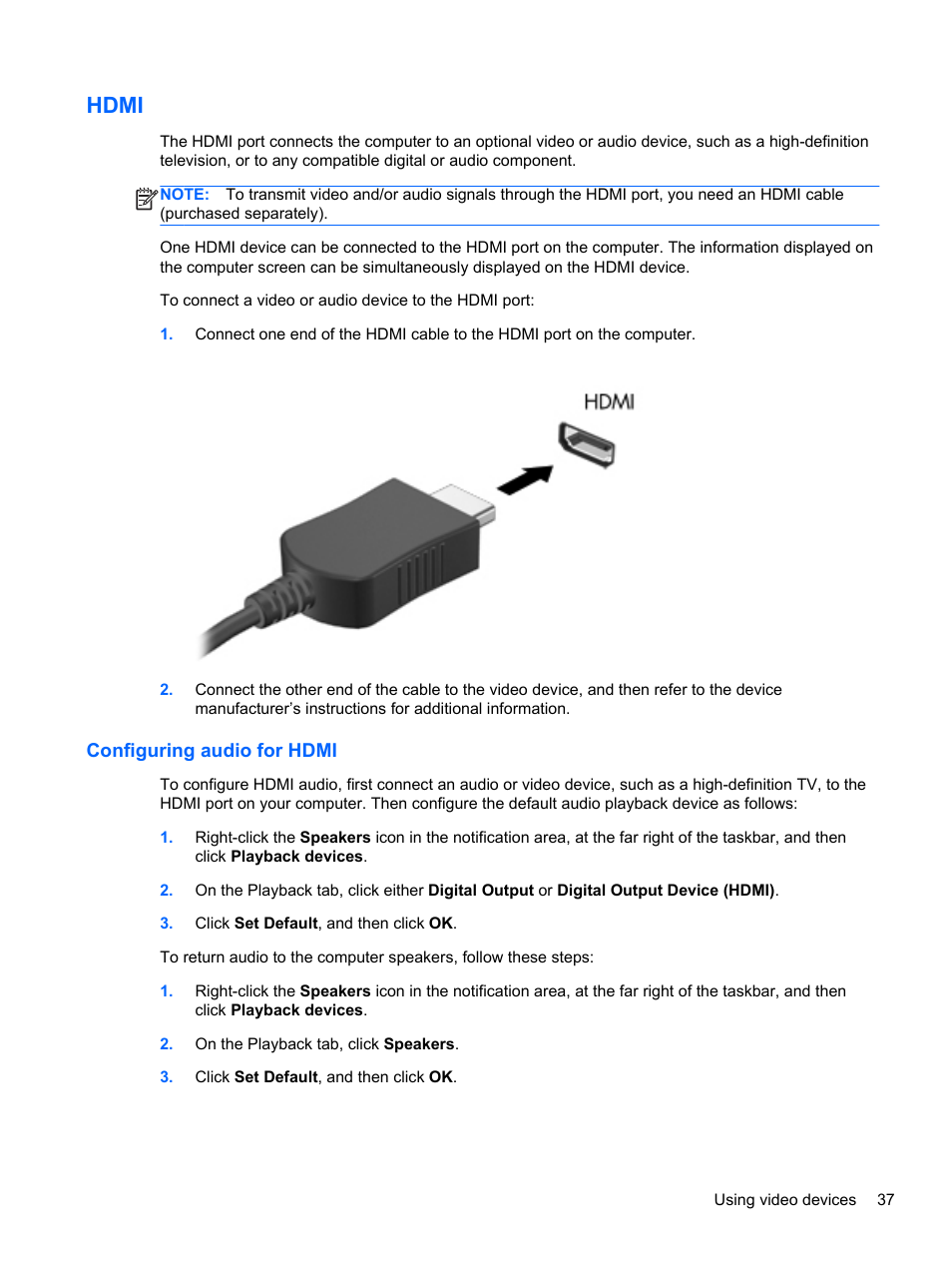 Hdmi, Configuring audio for hdmi | HP ProBook 4435s Notebook-PC User Manual | Page 47 / 108