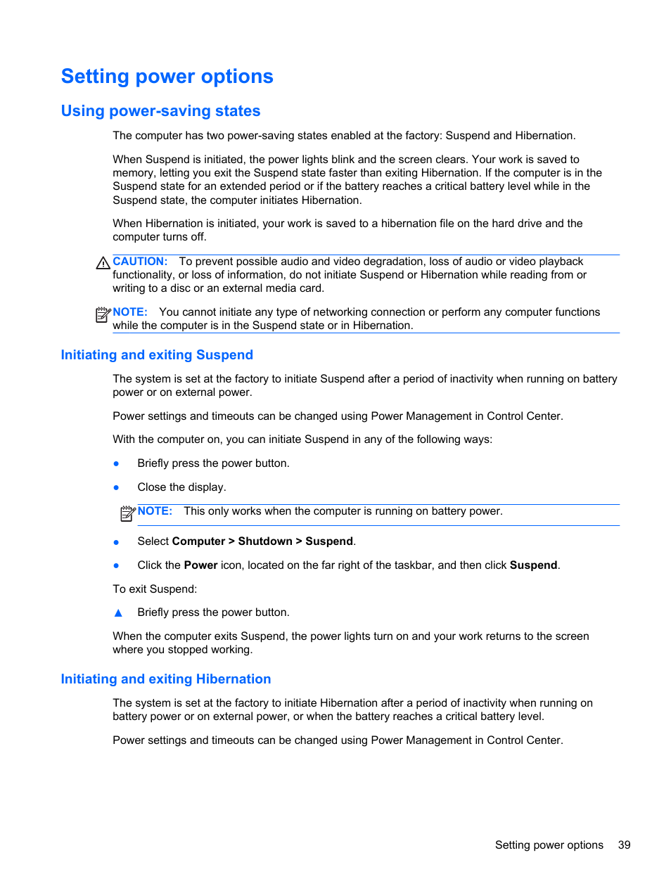 Setting power options, Using power-saving states, Initiating and exiting suspend | Initiating and exiting hibernation | HP ProBook 4435s Notebook-PC User Manual | Page 49 / 108