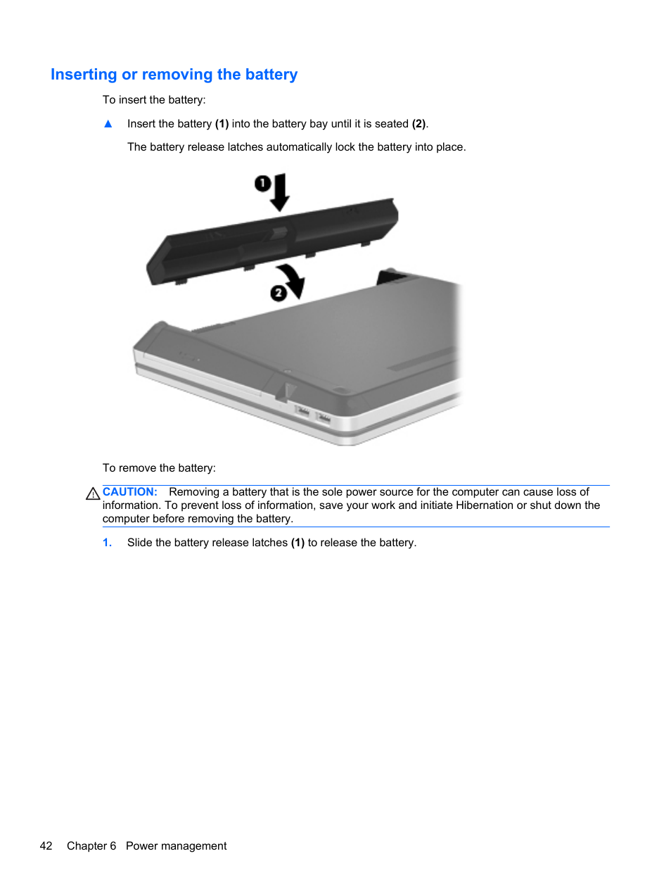 Inserting or removing the battery | HP ProBook 4435s Notebook-PC User Manual | Page 52 / 108