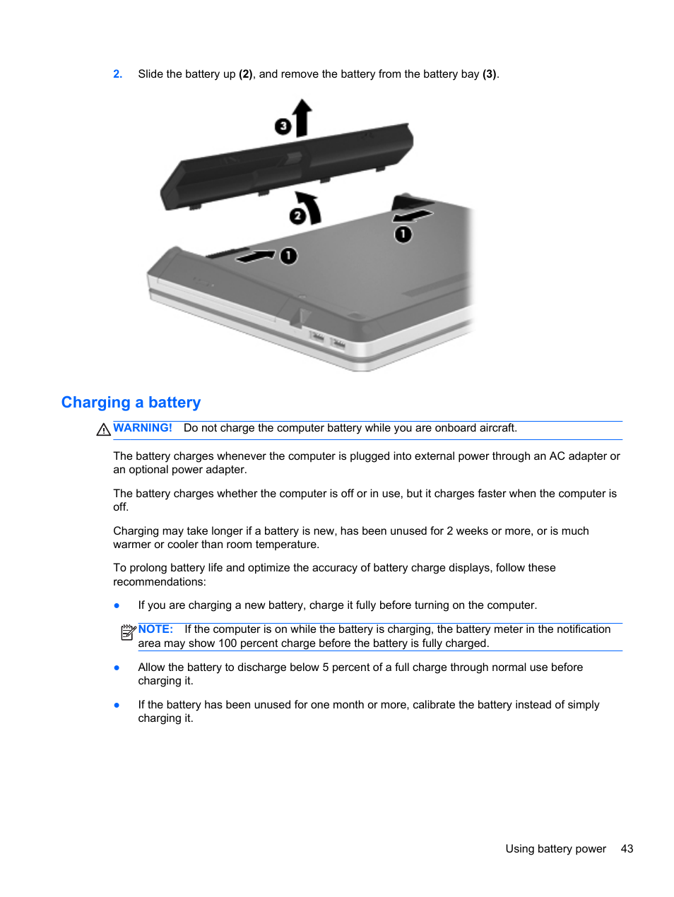 Charging a battery | HP ProBook 4435s Notebook-PC User Manual | Page 53 / 108