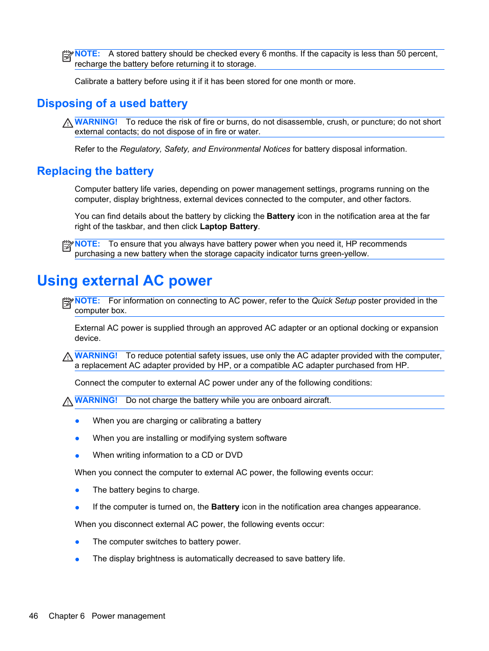 Disposing of a used battery, Replacing the battery, Using external ac power | Disposing of a used battery replacing the battery | HP ProBook 4435s Notebook-PC User Manual | Page 56 / 108