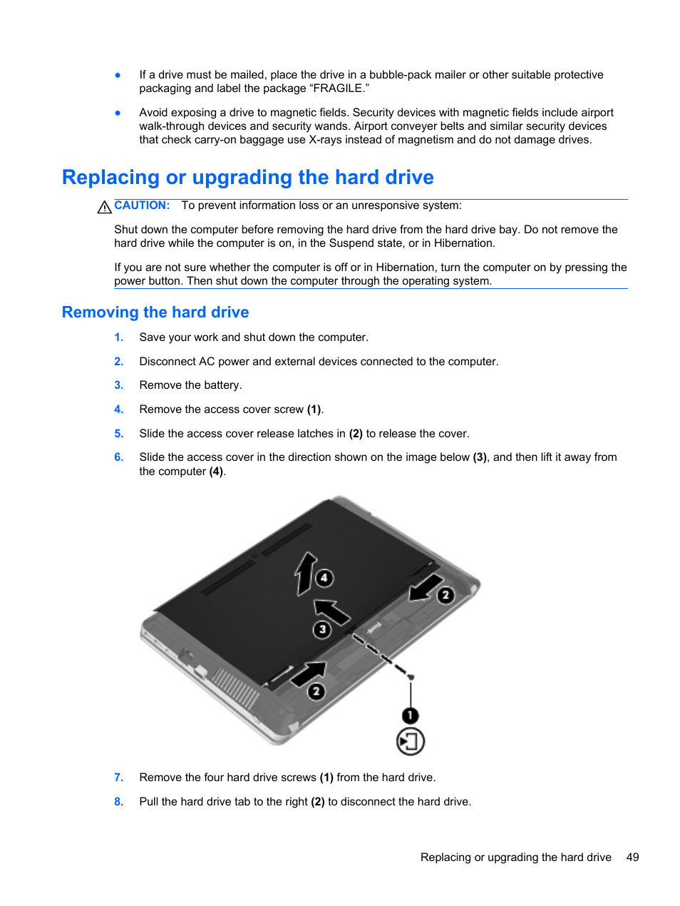 Replacing or upgrading the hard drive, Removing the hard drive | HP ProBook 4435s Notebook-PC User Manual | Page 59 / 108