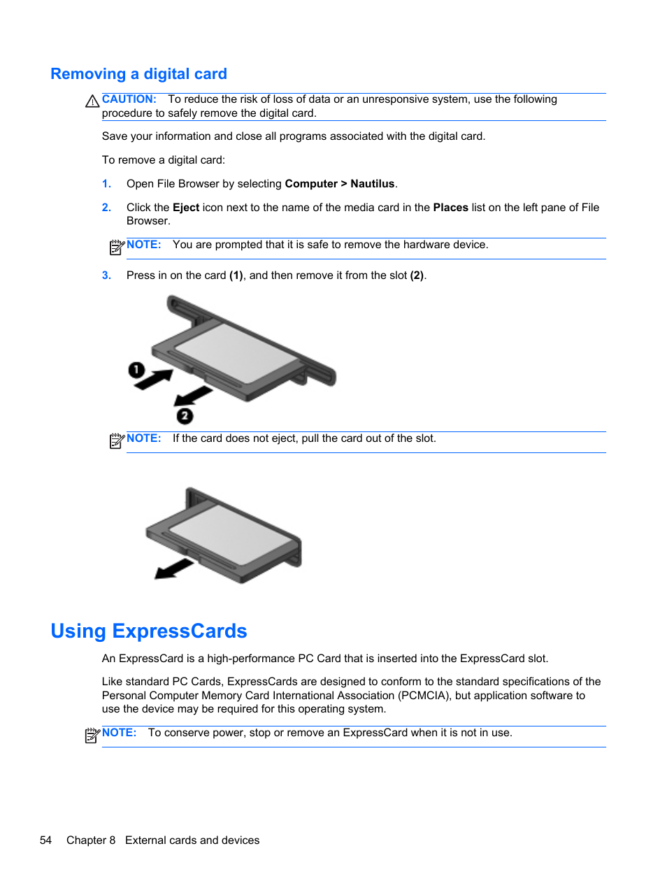 Removing a digital card, Using expresscards | HP ProBook 4435s Notebook-PC User Manual | Page 64 / 108