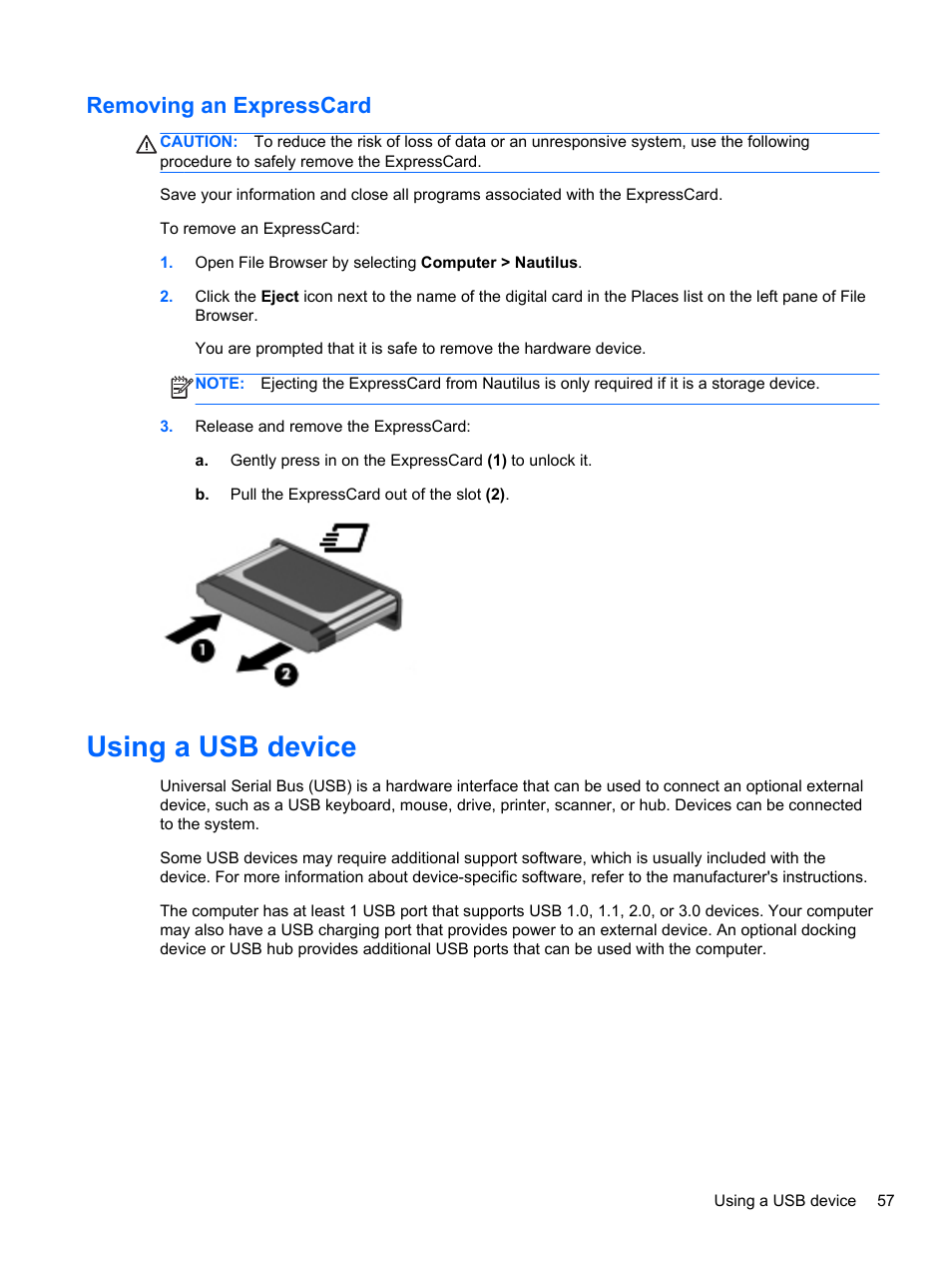 Removing an expresscard, Using a usb device | HP ProBook 4435s Notebook-PC User Manual | Page 67 / 108