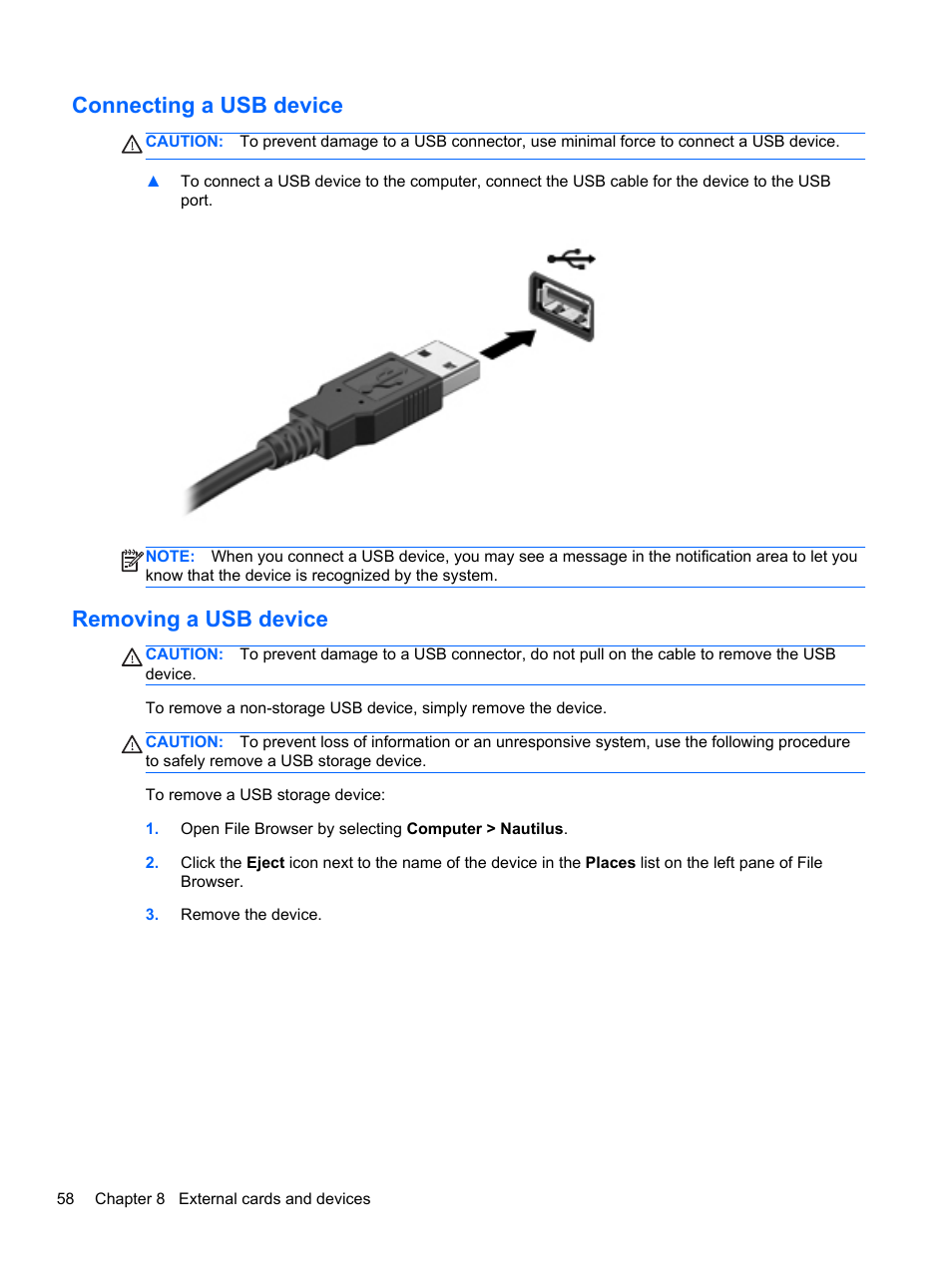 Connecting a usb device, Removing a usb device, Connecting a usb device removing a usb device | HP ProBook 4435s Notebook-PC User Manual | Page 68 / 108