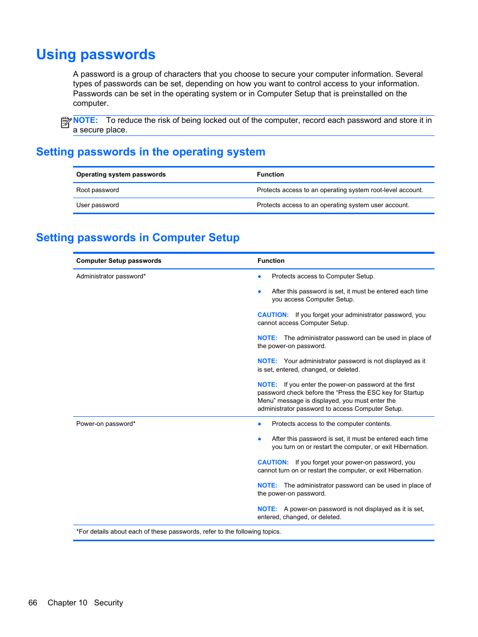 Using passwords, Setting passwords in the operating system, Setting passwords in computer setup | HP ProBook 4435s Notebook-PC User Manual | Page 76 / 108