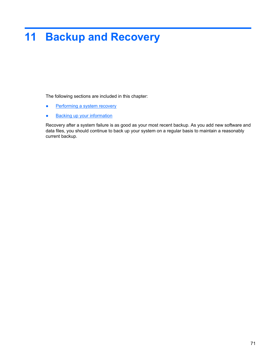 Backup and recovery, 11 backup and recovery | HP ProBook 4435s Notebook-PC User Manual | Page 81 / 108