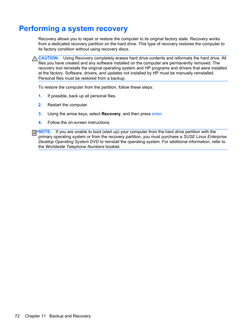 Performing a system recovery | HP ProBook 4435s Notebook-PC User Manual | Page 82 / 108