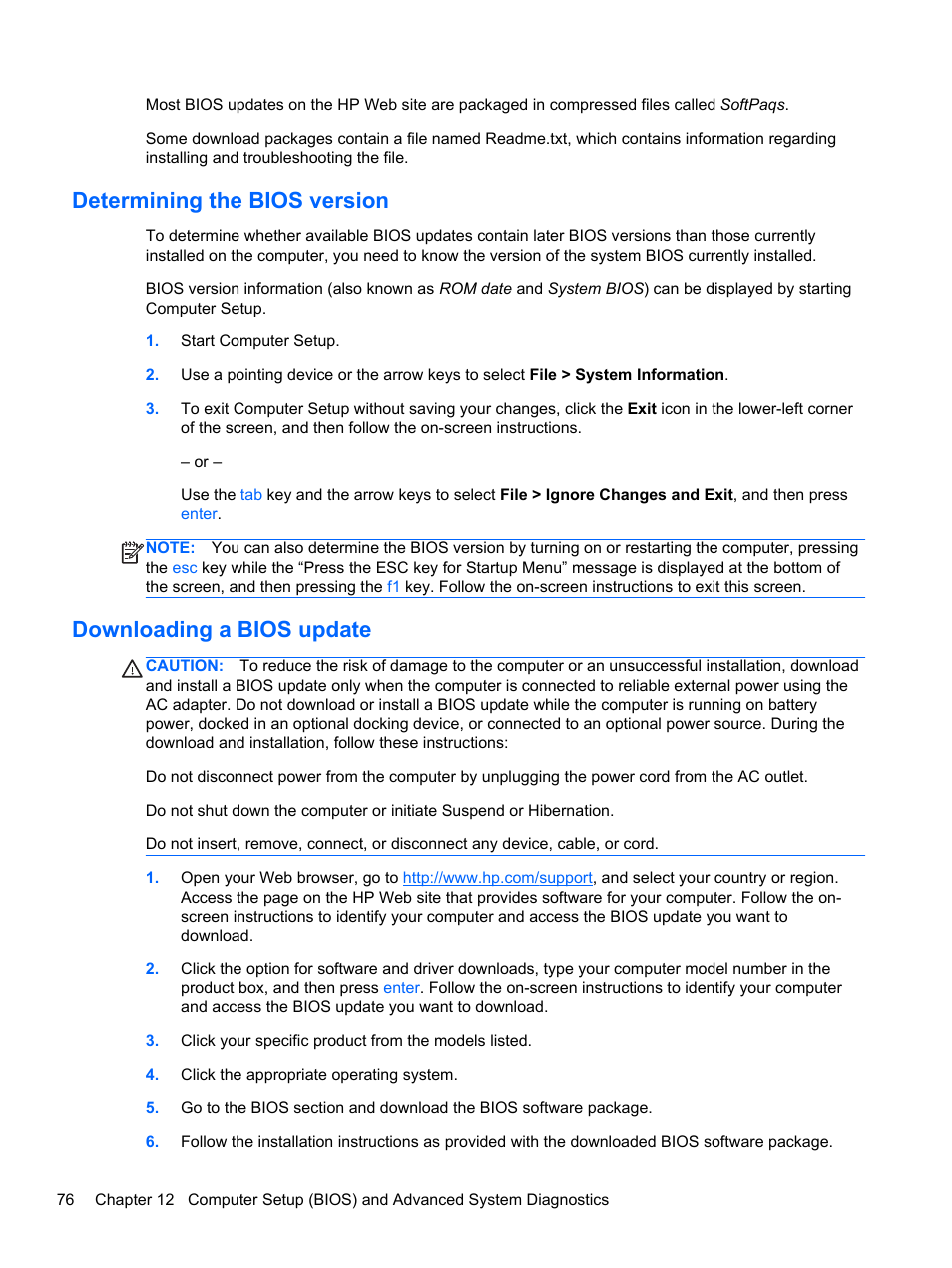 Determining the bios version, Downloading a bios update | HP ProBook 4435s Notebook-PC User Manual | Page 86 / 108