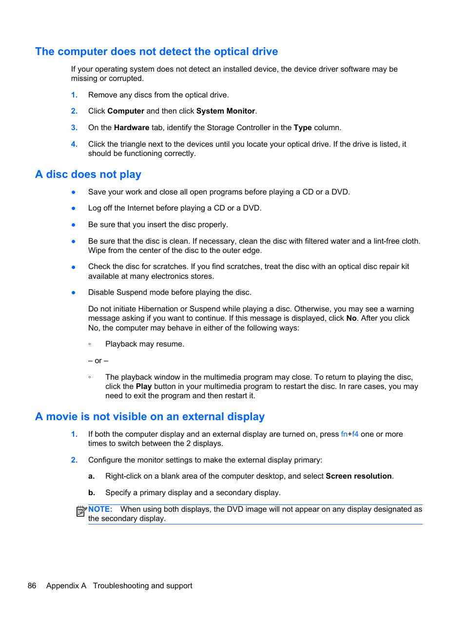 The computer does not detect the optical drive, A disc does not play, A movie is not visible on an external display | HP ProBook 4435s Notebook-PC User Manual | Page 96 / 108