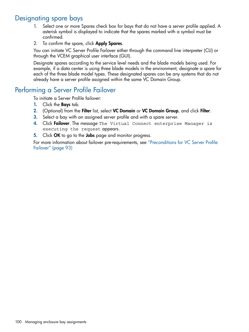 Designating spare bays, Performing a server profile failover | HP Insight Management-Software User Manual | Page 100 / 150