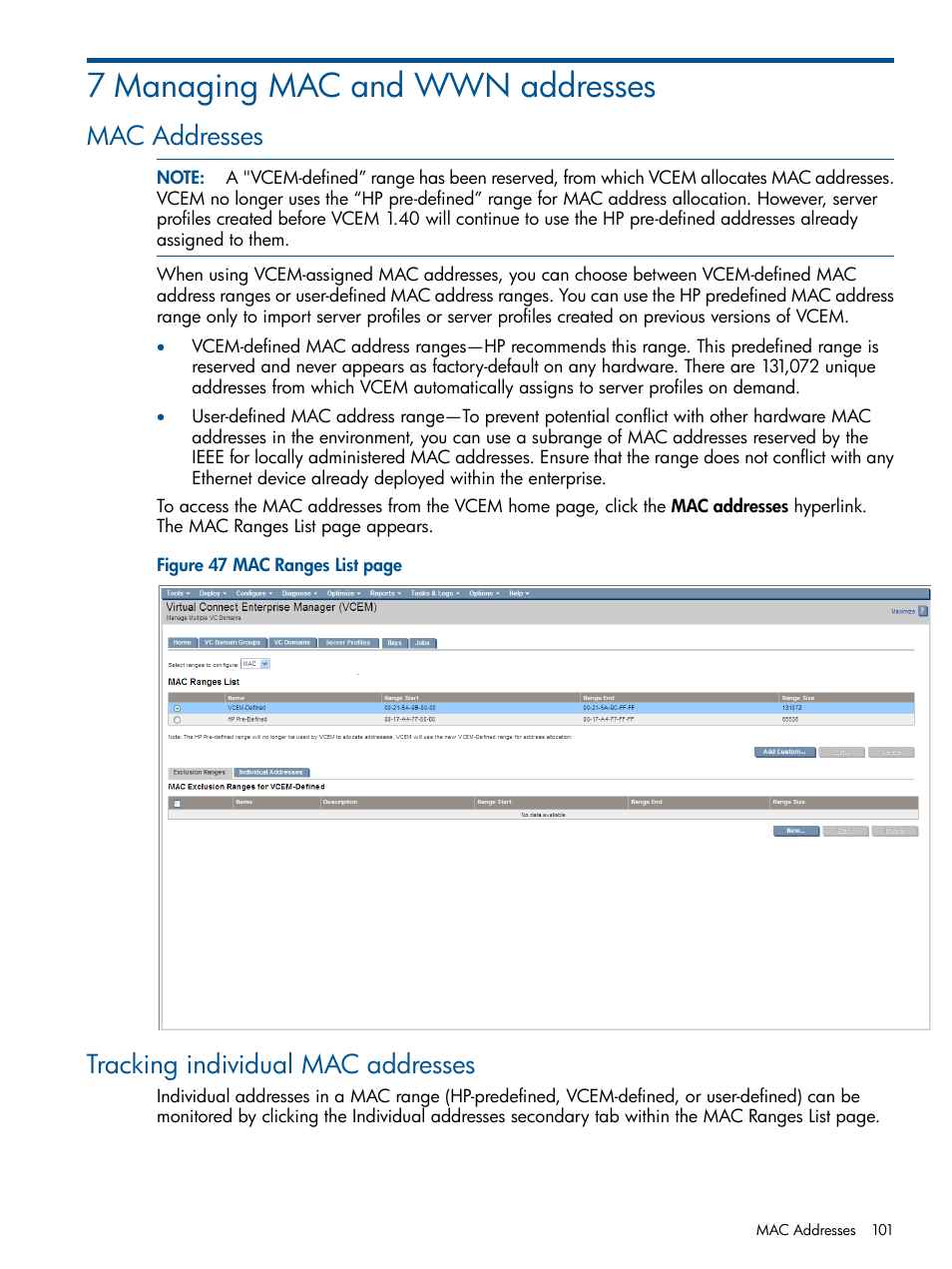 7 managing mac and wwn addresses, Mac addresses, Tracking individual mac addresses | Mac addresses tracking individual mac addresses | HP Insight Management-Software User Manual | Page 101 / 150