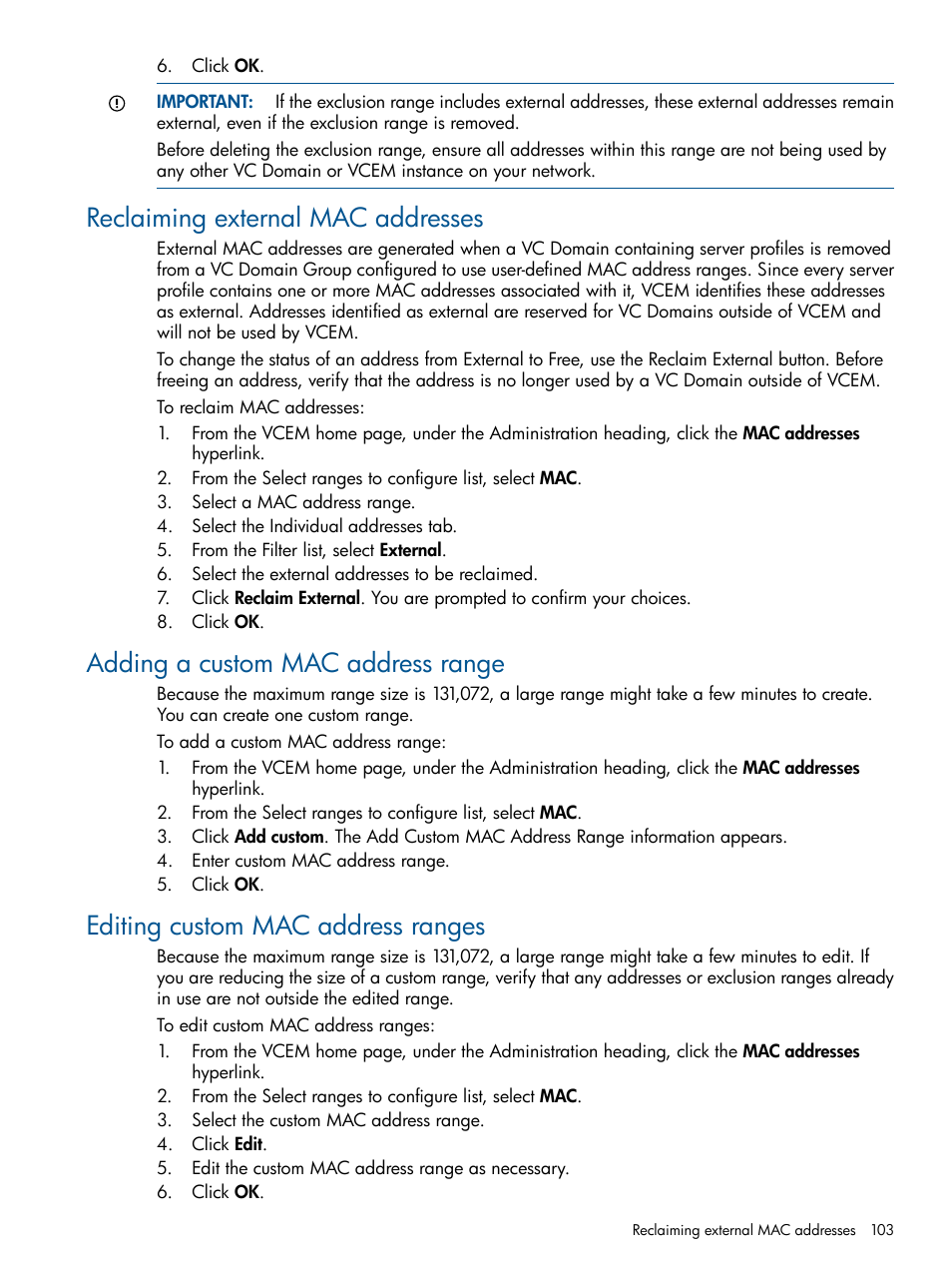 Reclaiming external mac addresses, Adding a custom mac address range, Editing custom mac address ranges | HP Insight Management-Software User Manual | Page 103 / 150