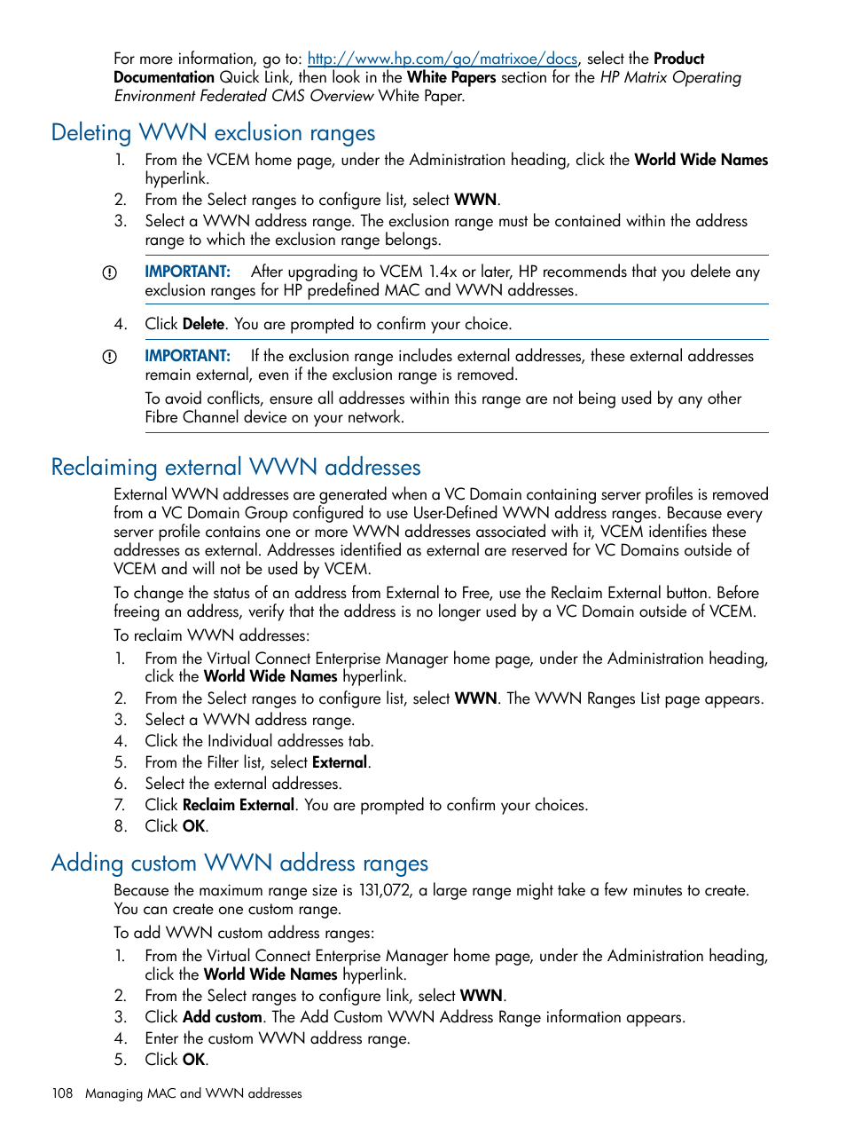 Deleting wwn exclusion ranges, Reclaiming external wwn addresses, Adding custom wwn address ranges | HP Insight Management-Software User Manual | Page 108 / 150