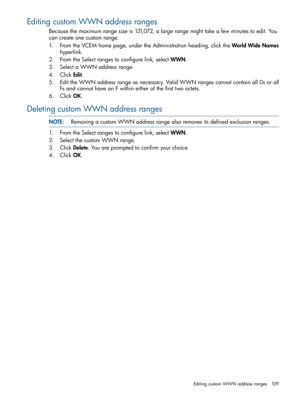 Editing custom wwn address ranges, Deleting custom wwn address ranges | HP Insight Management-Software User Manual | Page 109 / 150