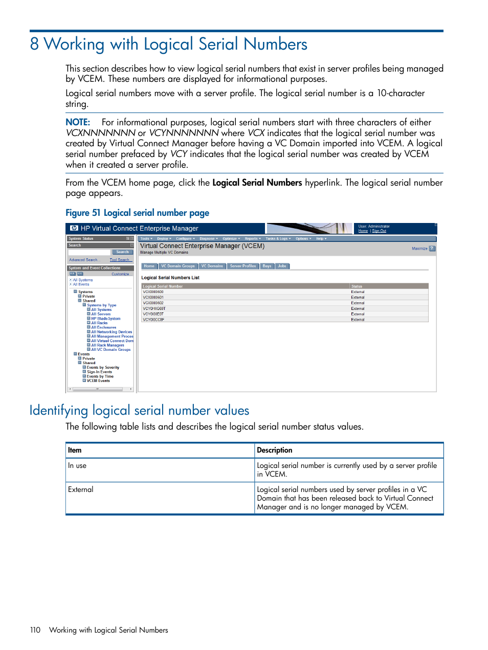 8 working with logical serial numbers, Identifying logical serial number values | HP Insight Management-Software User Manual | Page 110 / 150