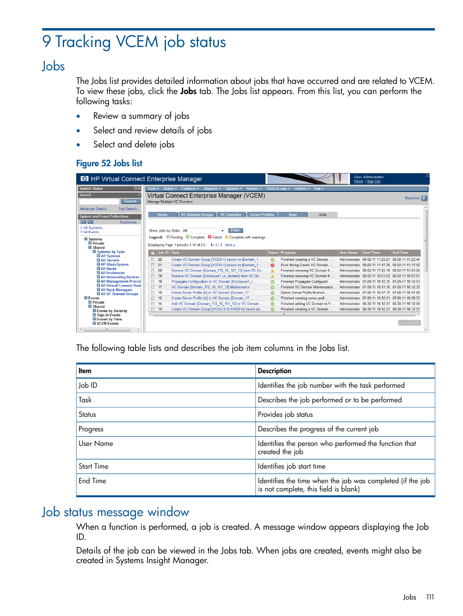 9 tracking vcem job status, Jobs, Job status message window | Jobs job status message window | HP Insight Management-Software User Manual | Page 111 / 150