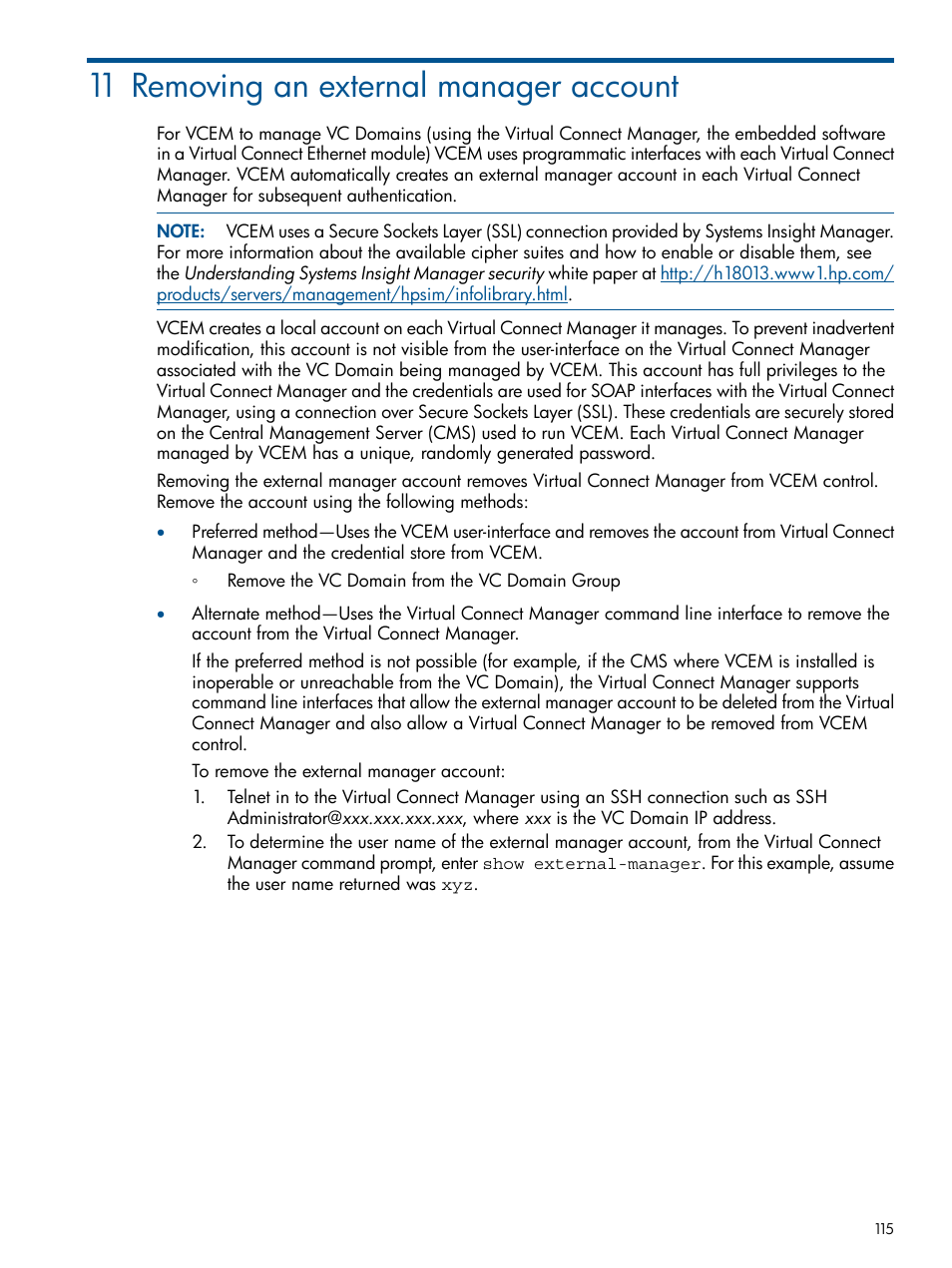 11 removing an external manager account | HP Insight Management-Software User Manual | Page 115 / 150