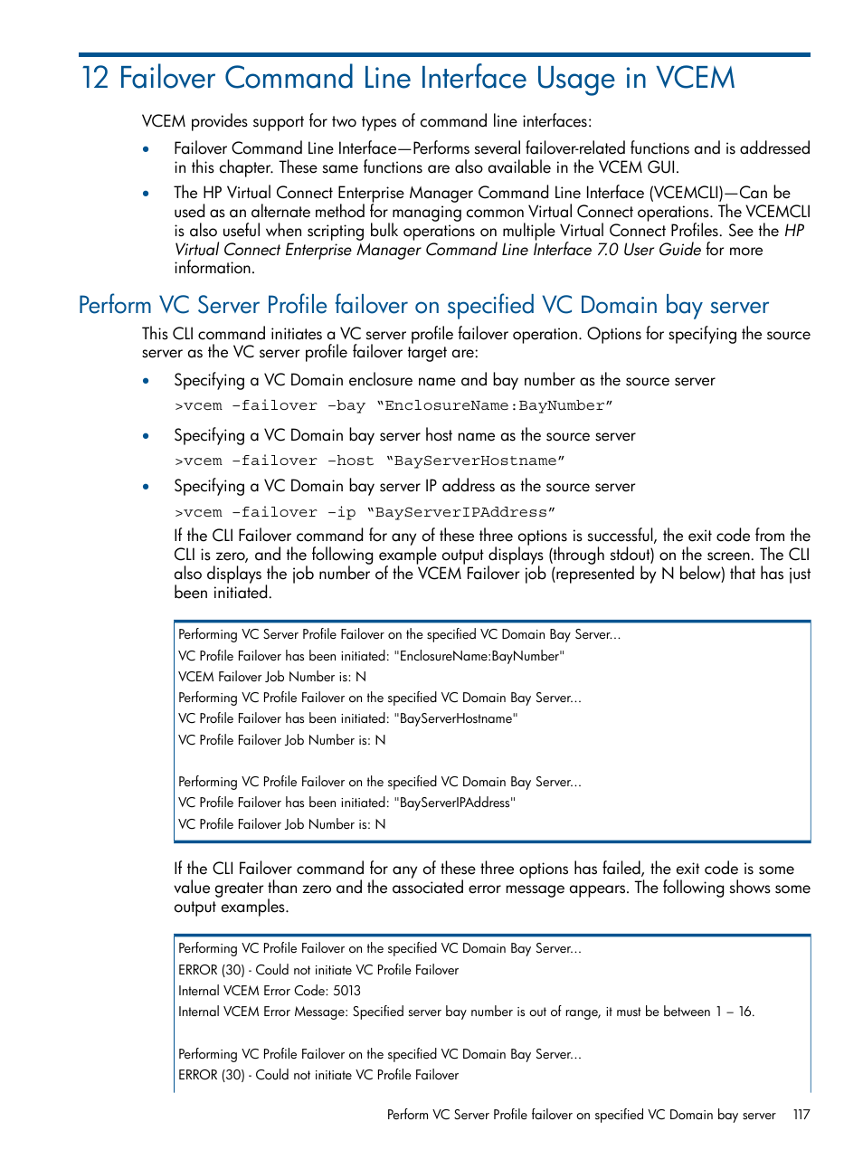 12 failover command line interface usage in vcem | HP Insight Management-Software User Manual | Page 117 / 150