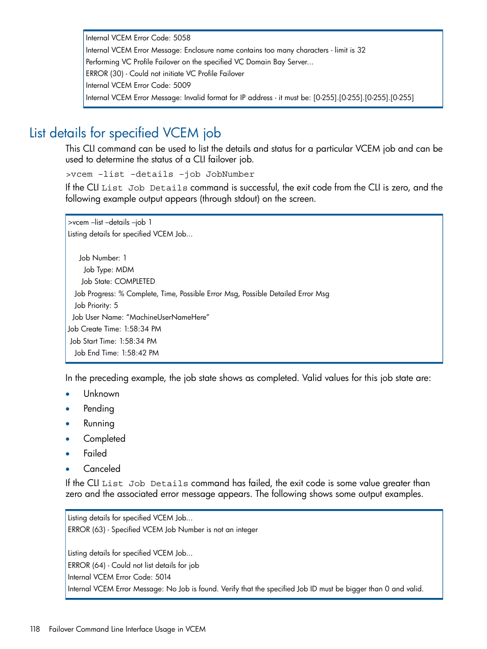 List details for specified vcem job | HP Insight Management-Software User Manual | Page 118 / 150