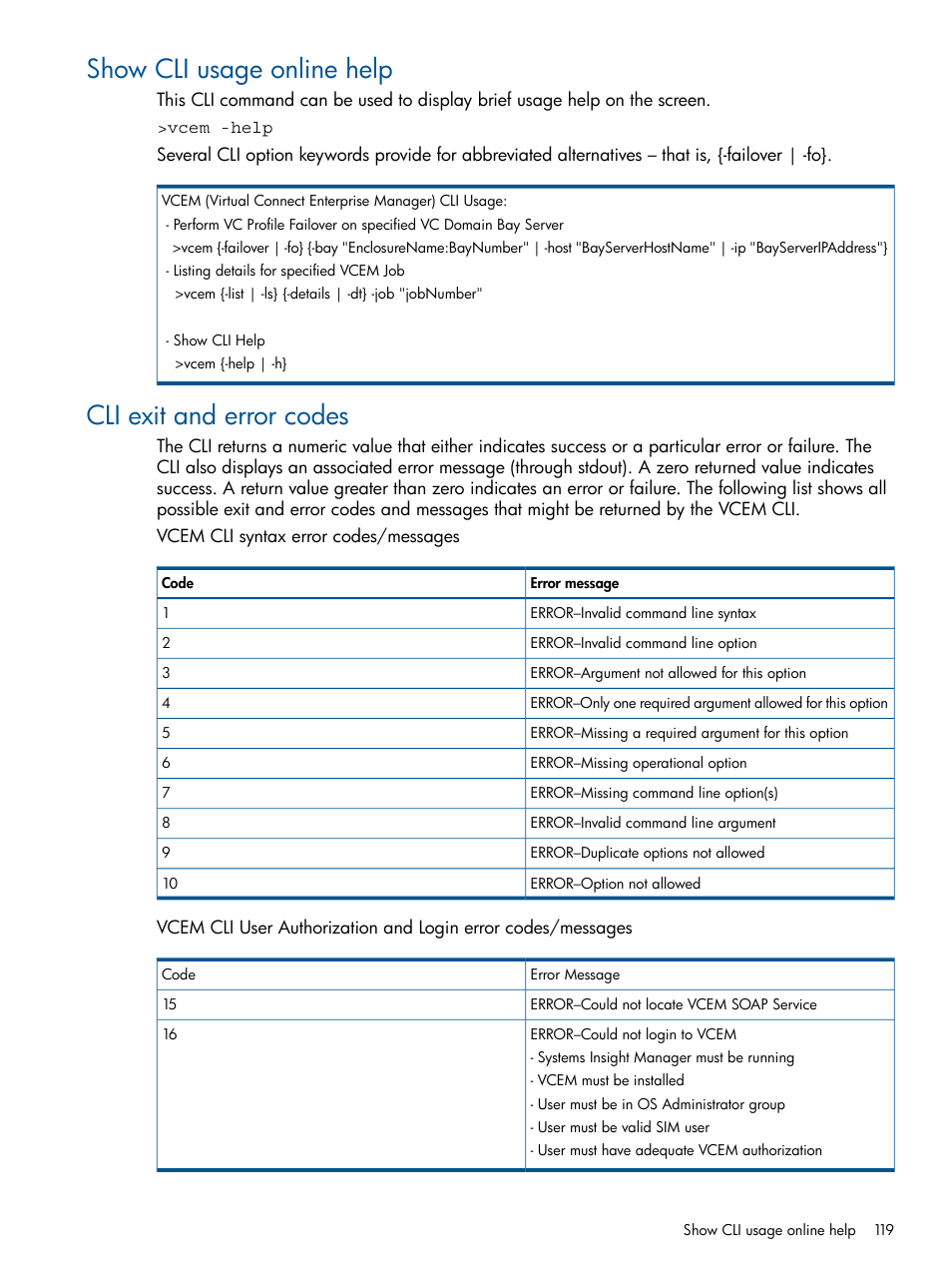 Show cli usage online help, Cli exit and error codes | HP Insight Management-Software User Manual | Page 119 / 150