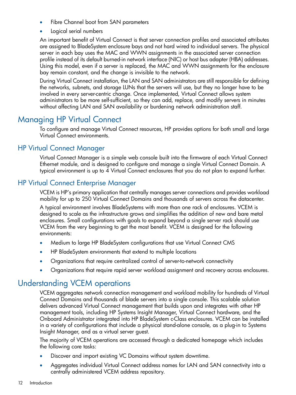 Managing hp virtual connect, Hp virtual connect manager, Hp virtual connect enterprise manager | Understanding vcem operations | HP Insight Management-Software User Manual | Page 12 / 150