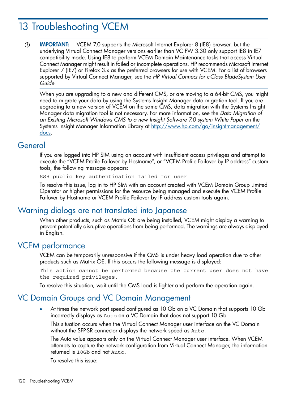 13 troubleshooting vcem, General, Warning dialogs are not translated into japanese | Vcem performance, Vc domain groups and vc domain management | HP Insight Management-Software User Manual | Page 120 / 150