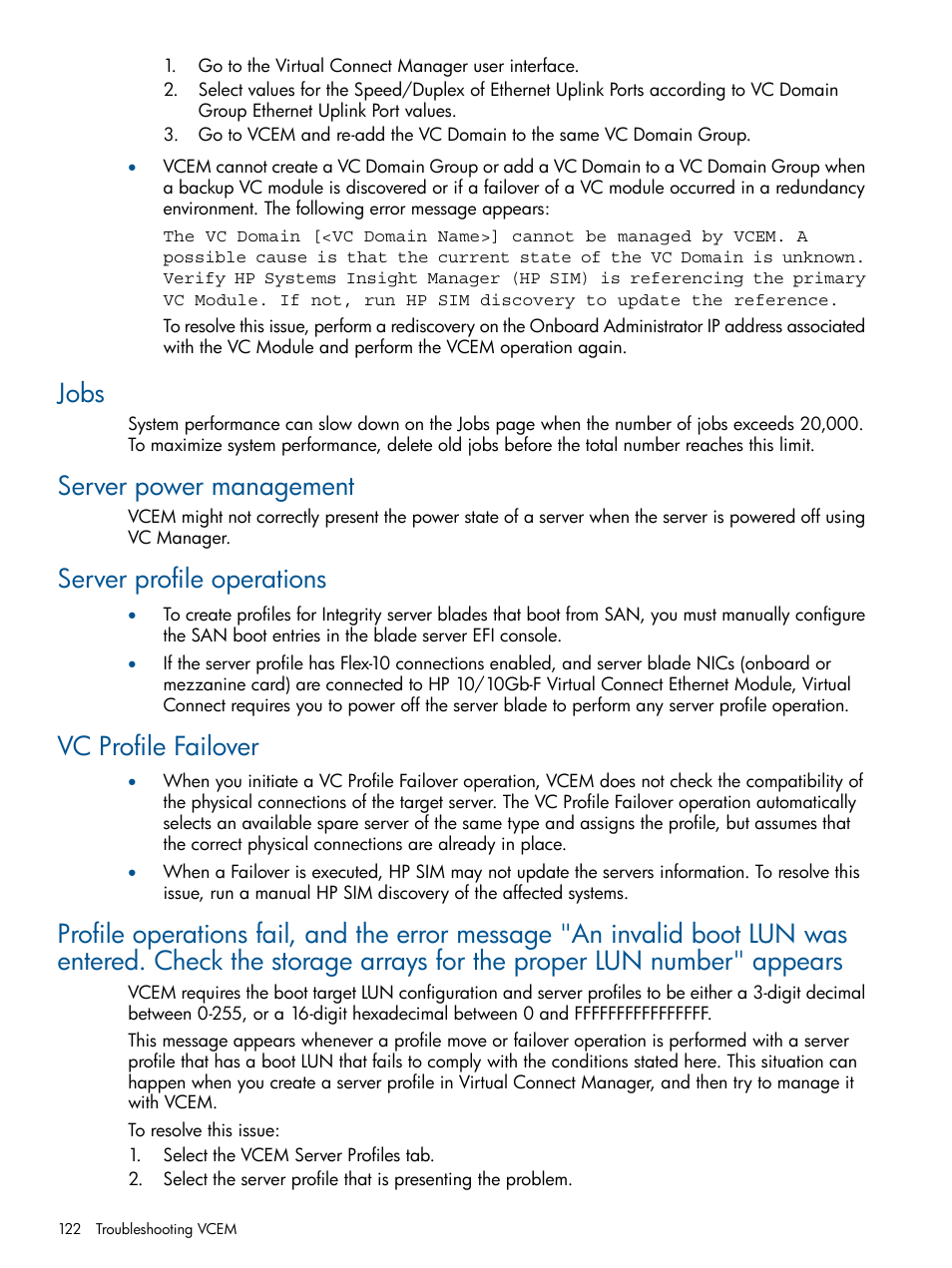 Jobs, Server power management, Server profile operations | Vc profile failover | HP Insight Management-Software User Manual | Page 122 / 150