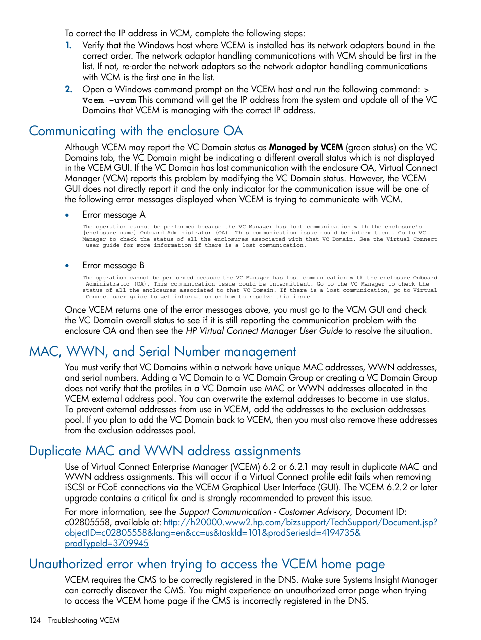 Communicating with the enclosure oa, Mac, wwn, and serial number management, Duplicate mac and wwn address assignments | HP Insight Management-Software User Manual | Page 124 / 150