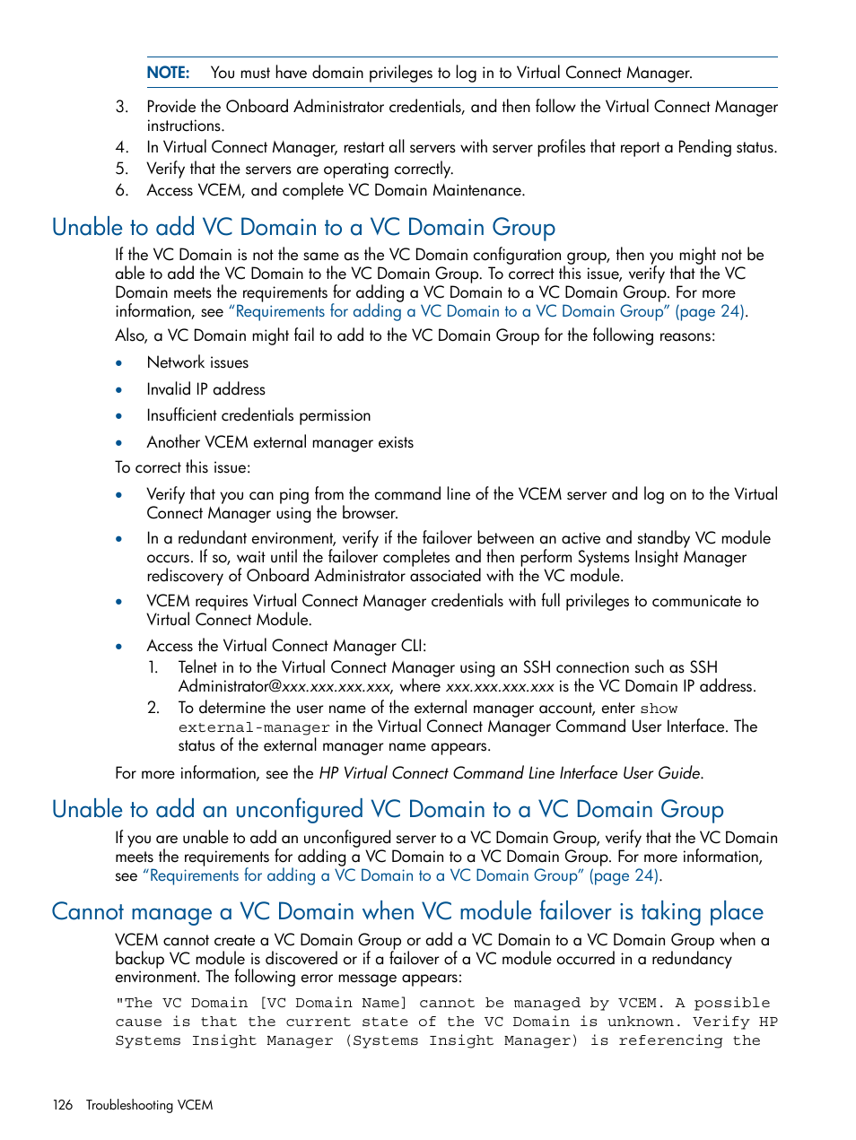 Unable to add vc domain to a vc domain group | HP Insight Management-Software User Manual | Page 126 / 150