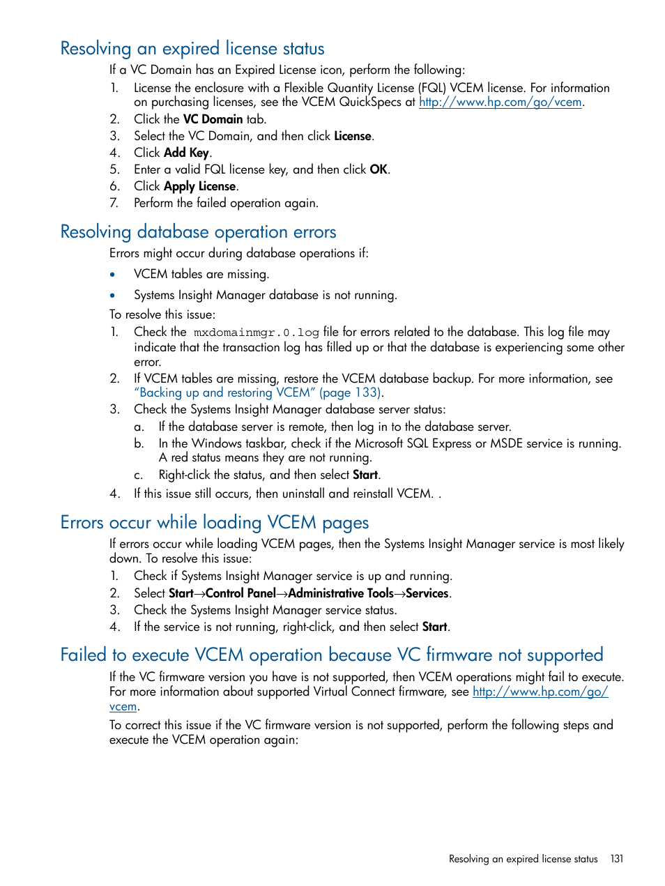 Resolving an expired license status, Resolving database operation errors, Errors occur while loading vcem pages | HP Insight Management-Software User Manual | Page 131 / 150