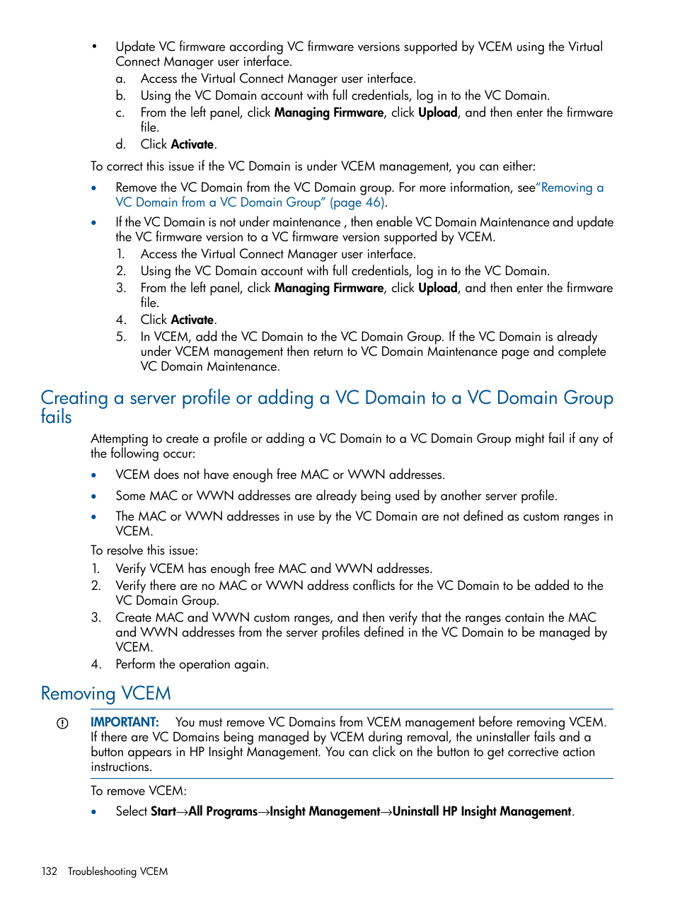 Removing vcem | HP Insight Management-Software User Manual | Page 132 / 150