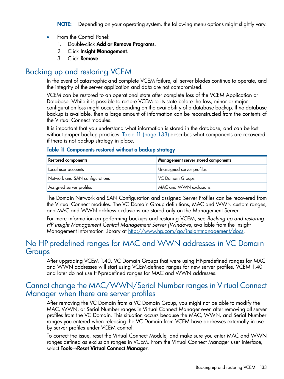 Backing up and restoring vcem | HP Insight Management-Software User Manual | Page 133 / 150