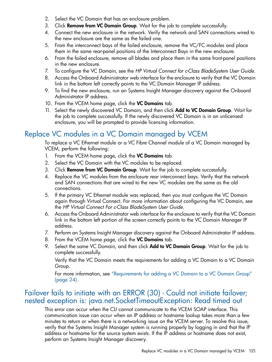 Replace vc modules in a vc domain managed by vcem | HP Insight Management-Software User Manual | Page 135 / 150