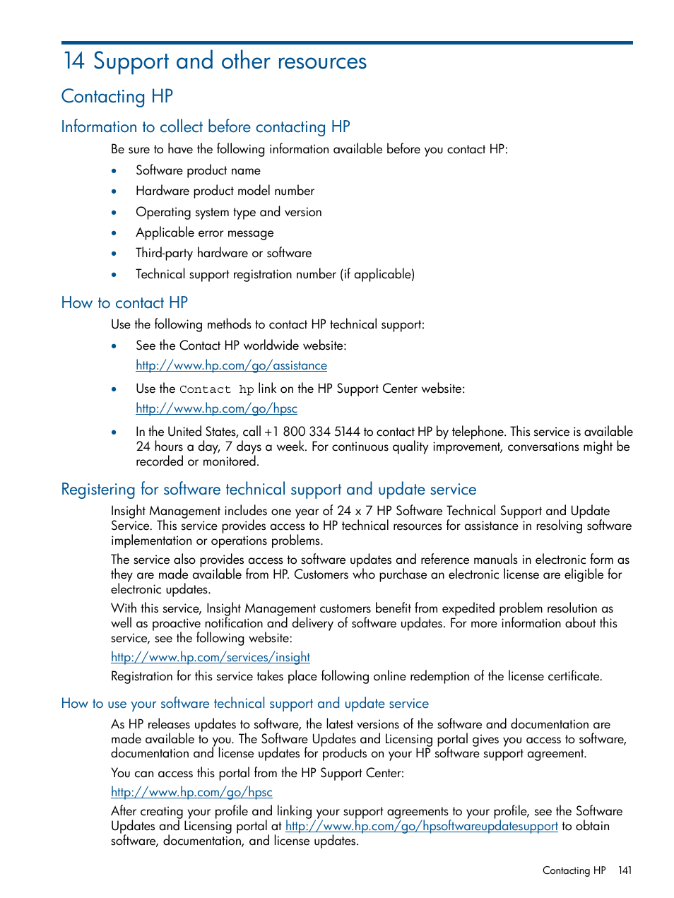 14 support and other resources, Contacting hp, Information to collect before contacting hp | How to contact hp | HP Insight Management-Software User Manual | Page 141 / 150