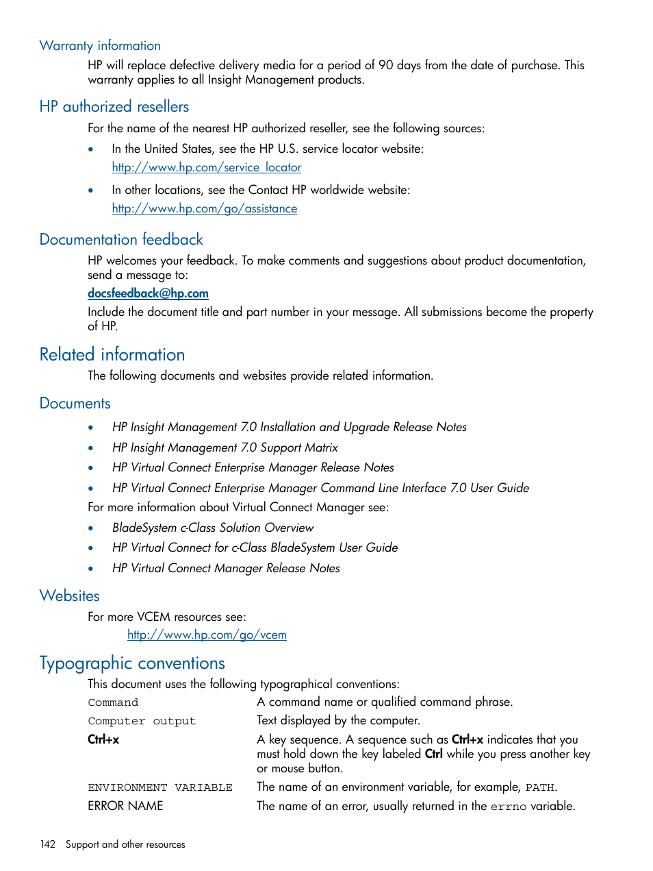 Warranty information, Hp authorized resellers, Documentation feedback | Related information, Documents, Websites, Typographic conventions, Hp authorized resellers documentation feedback, Documents websites | HP Insight Management-Software User Manual | Page 142 / 150