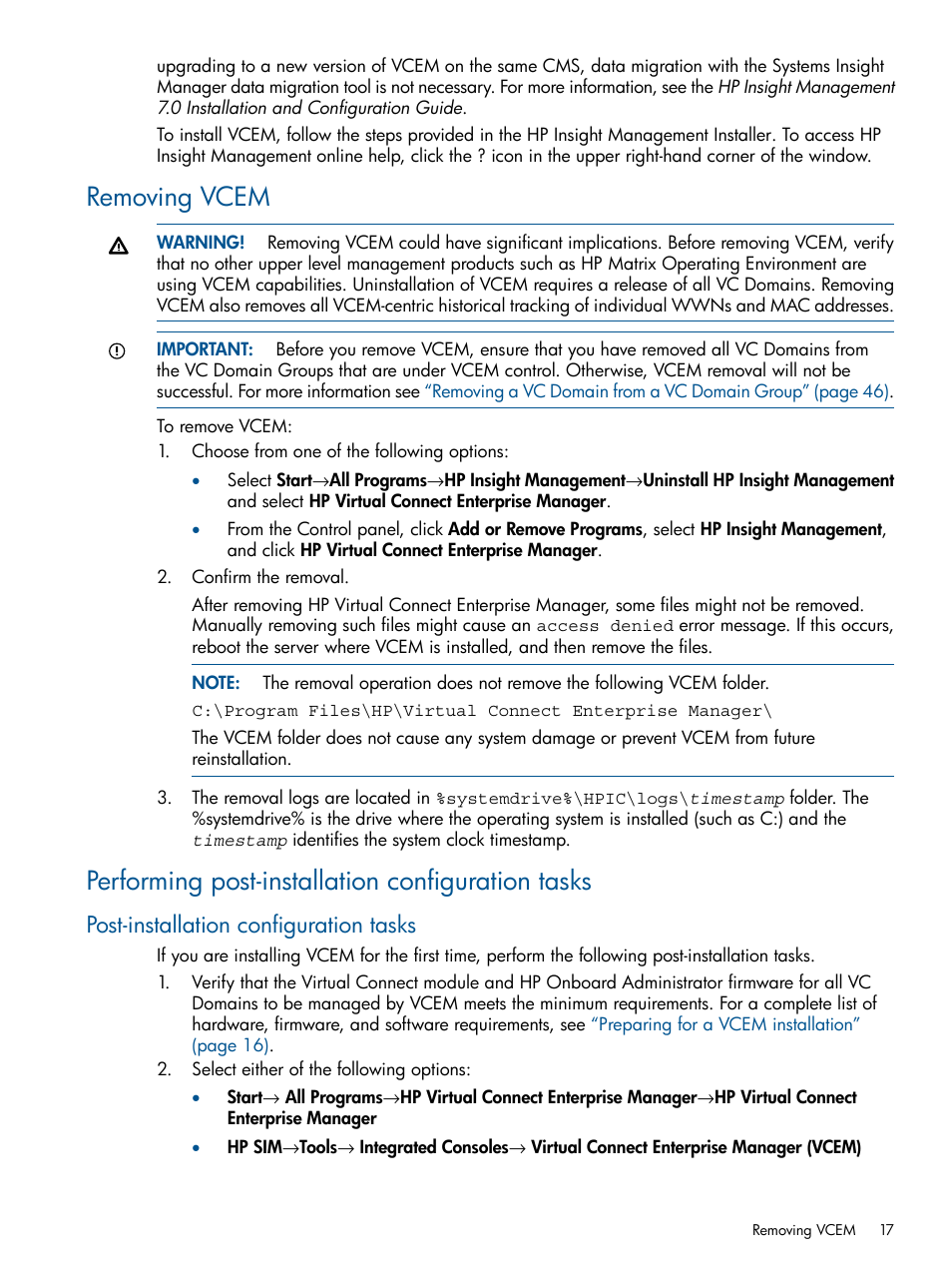 Removing vcem, Performing post-installation configuration tasks, Post-installation configuration tasks | HP Insight Management-Software User Manual | Page 17 / 150