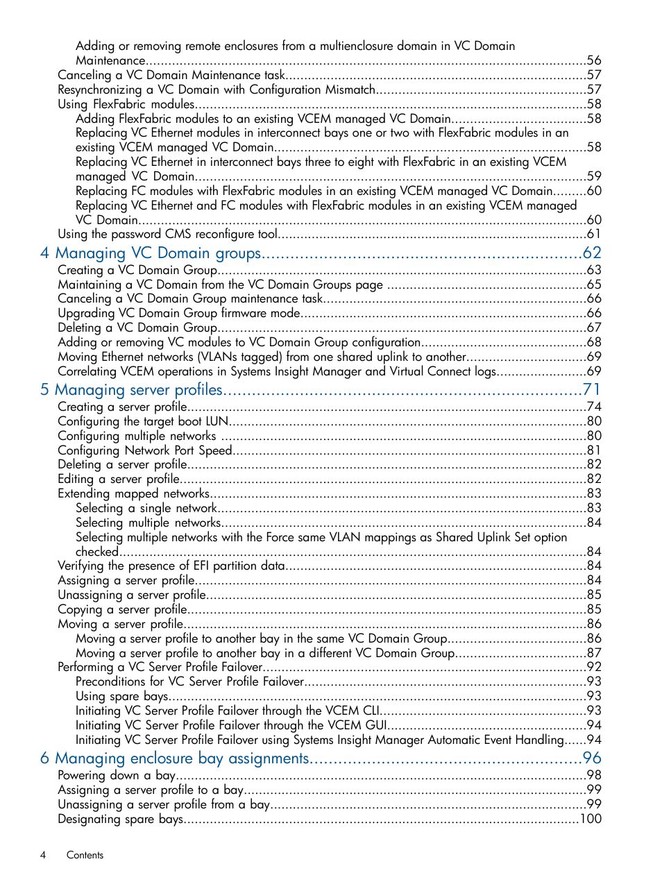 4 managing vc domain groups, 5 managing server profiles, 6 managing enclosure bay assignments | HP Insight Management-Software User Manual | Page 4 / 150