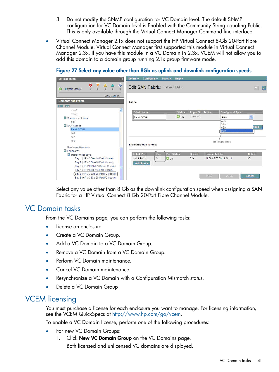 Vc domain tasks, Vcem licensing, Vc domain tasks vcem licensing | HP Insight Management-Software User Manual | Page 41 / 150