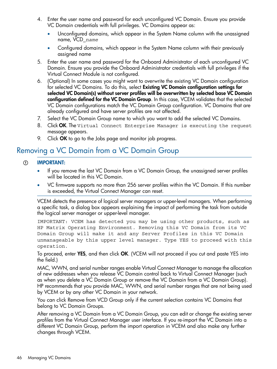 Removing a vc domain from a vc domain group | HP Insight Management-Software User Manual | Page 46 / 150