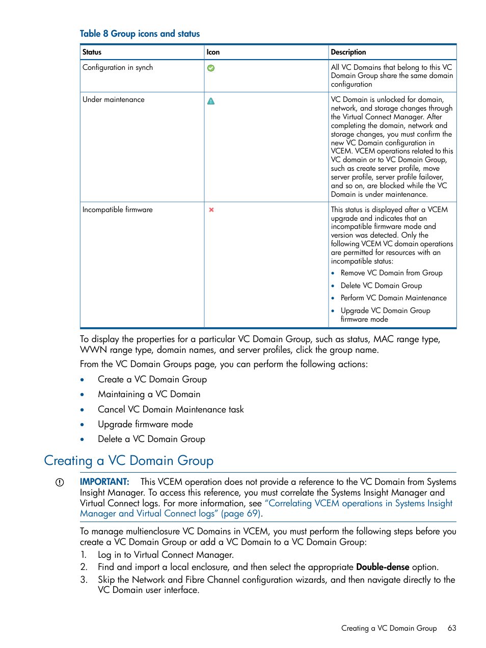 Creating a vc domain group | HP Insight Management-Software User Manual | Page 63 / 150