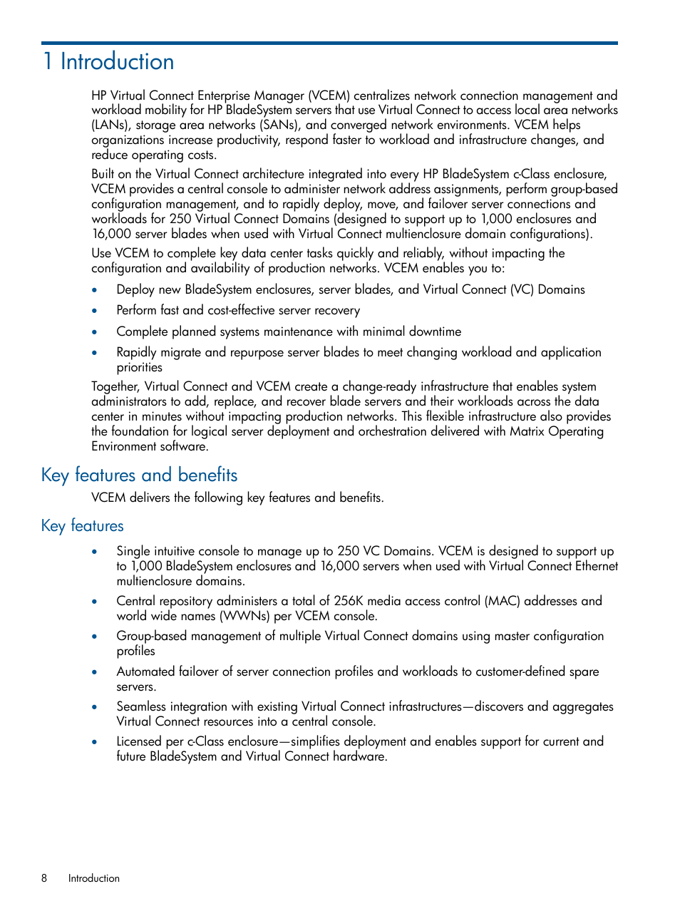 1 introduction, Key features and benefits, Key features | HP Insight Management-Software User Manual | Page 8 / 150