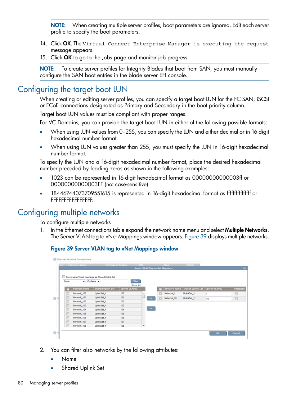 Configuring the target boot lun, Configuring multiple networks | HP Insight Management-Software User Manual | Page 80 / 150