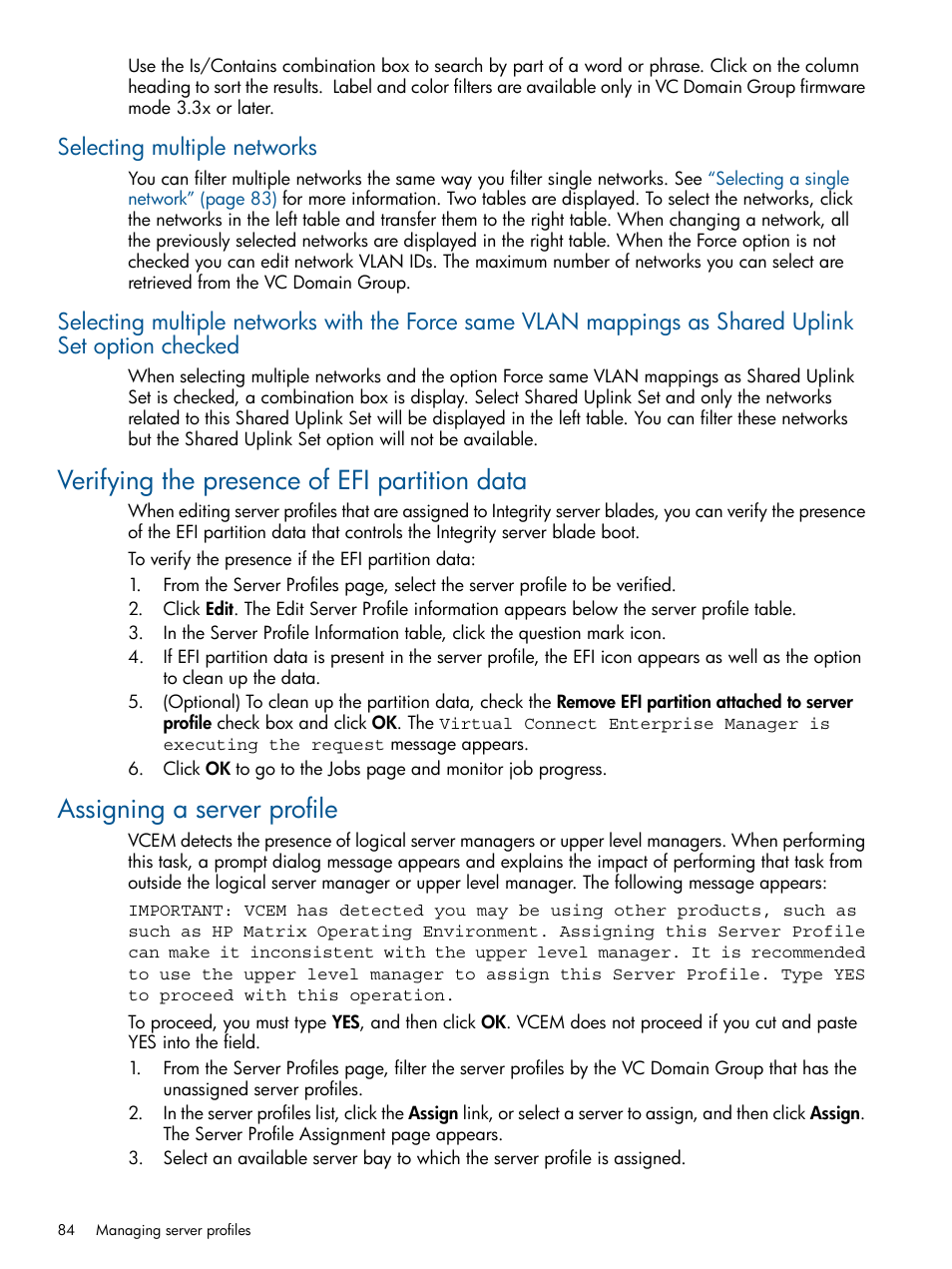 Selecting multiple networks, Verifying the presence of efi partition data, Assigning a server profile | HP Insight Management-Software User Manual | Page 84 / 150