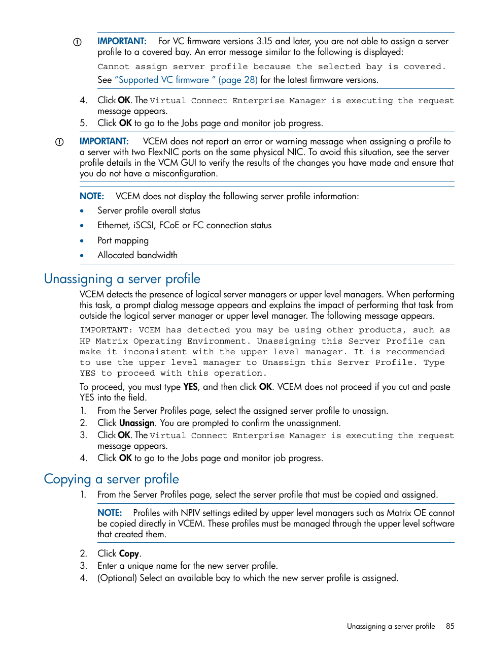 Unassigning a server profile, Copying a server profile | HP Insight Management-Software User Manual | Page 85 / 150