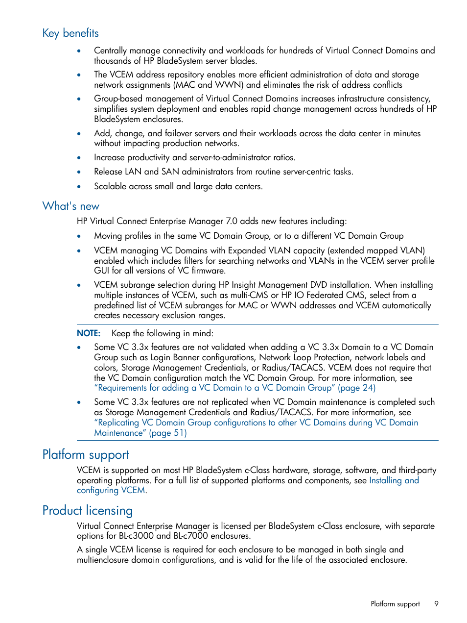 Key benefits, What's new, Platform support | Product licensing, Key benefits what's new, Platform support product licensing | HP Insight Management-Software User Manual | Page 9 / 150