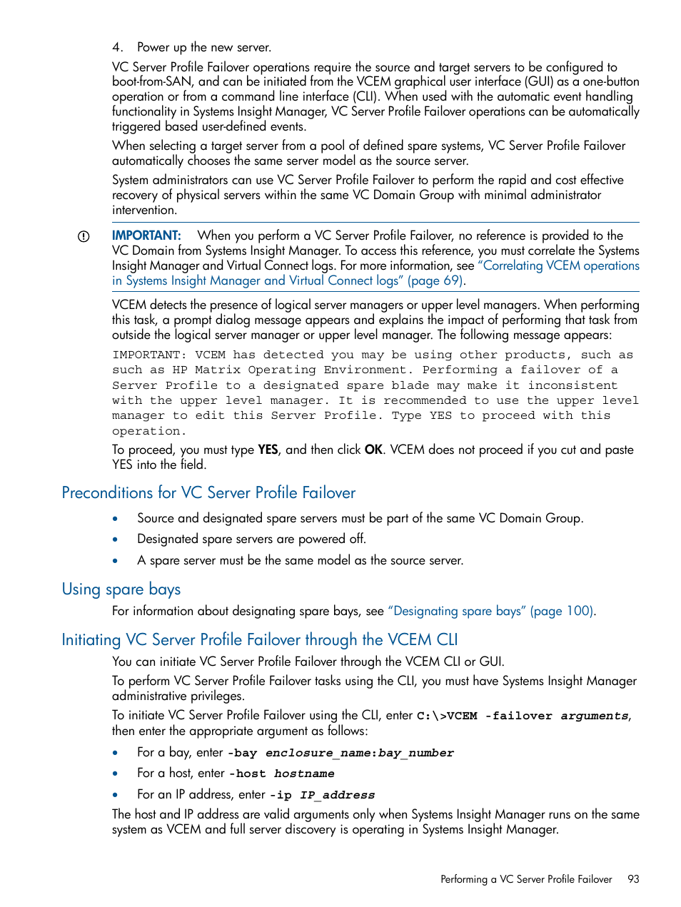 Preconditions for vc server profile failover, Using spare bays | HP Insight Management-Software User Manual | Page 93 / 150