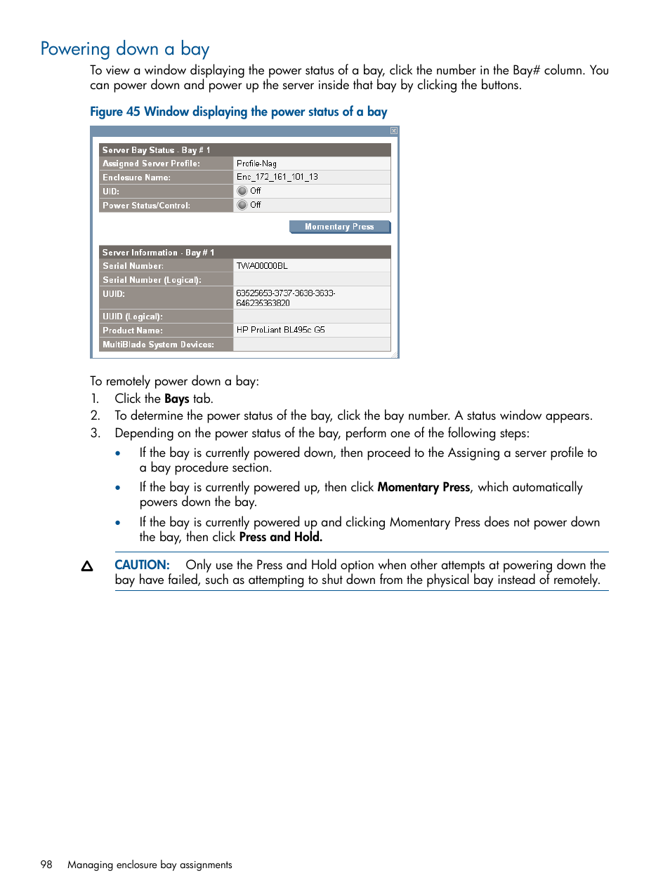 Powering down a bay | HP Insight Management-Software User Manual | Page 98 / 150