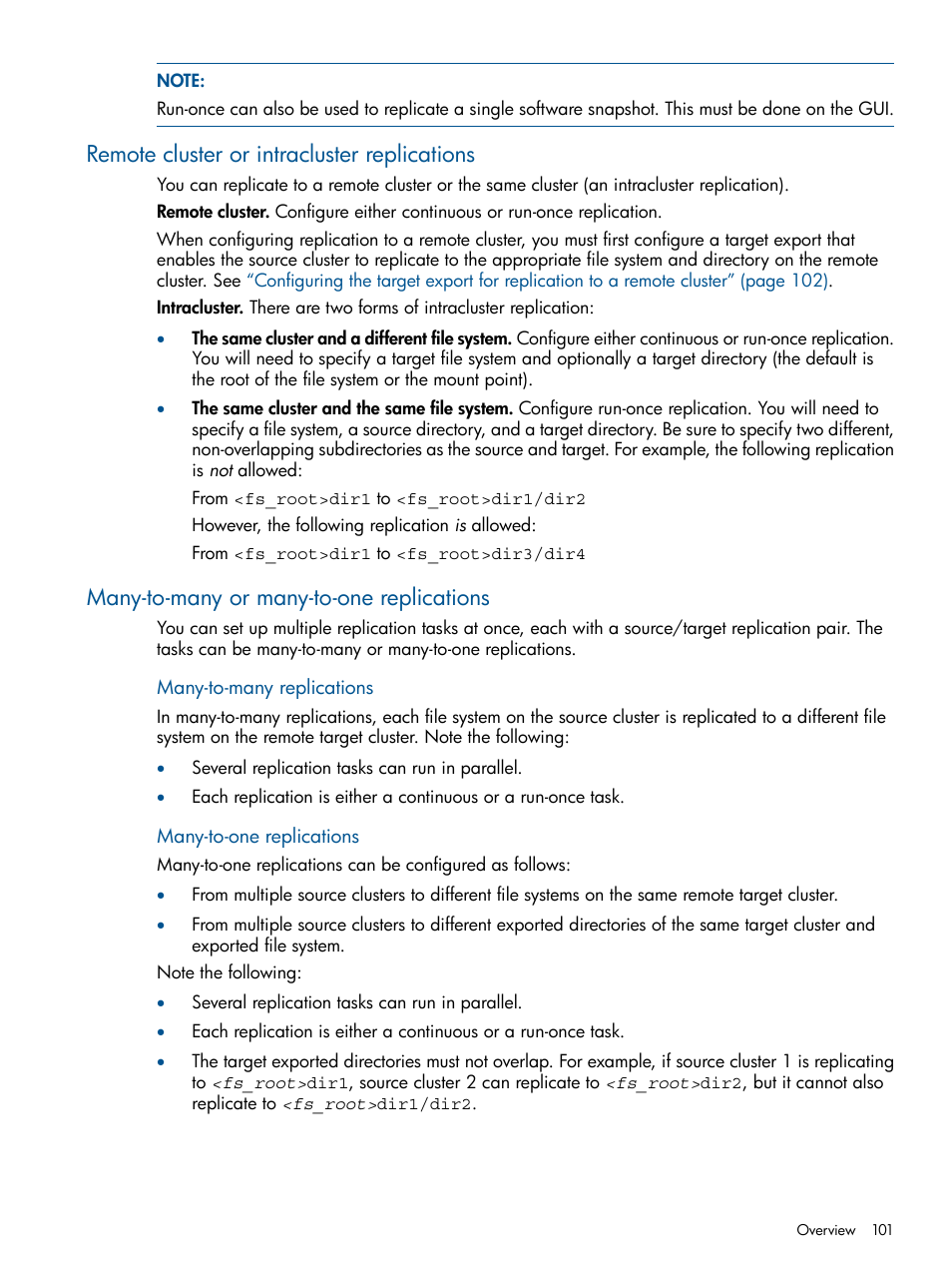Remote cluster or intracluster replications, Many-to-many or many-to-one replications | HP StoreAll Storage User Manual | Page 101 / 165